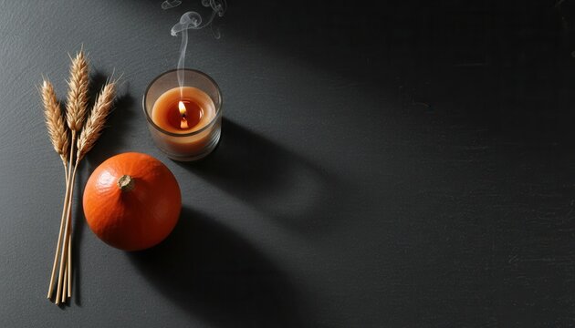 Minimalist autumn equinox still life arrangement with dried wheat stalks, a smooth polished gourd, and a burning candle