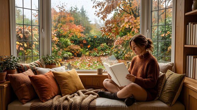 Young woman reading book by window on rainy autumn day