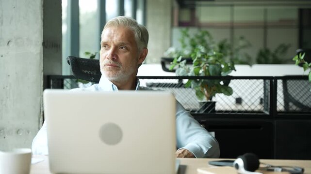 Mature 40s focused businessman, executive director working using laptop, doing data base online research sitting at office. Successful business man, leader, ceo manager, trader trading crypto currency