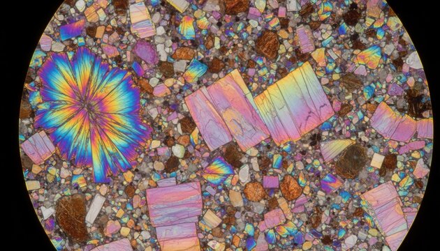 Microscopic view of a polished petrographic thin section showing vibrant interference colors of mineral crystals under light