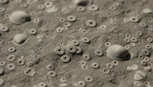 Macro photograph of an exposed gray limestone bedding plane covered in numerous well preserved fossilized marine crinoid stem ossicles