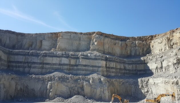 Open pit limestone quarry wall showing clearly defined horizontally bedded sedimentary strata of gray limestone under natural midday sunlight