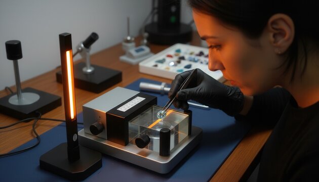 Professional gemologist using a tabletop refractometer to measure the refractive index of a loose aquamarine gemstone on a laboratory desk