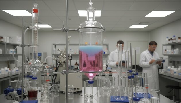 Researchers conduct hydrometallurgical separation processes using specialized glassware in an advanced analytical chemical laboratory setting