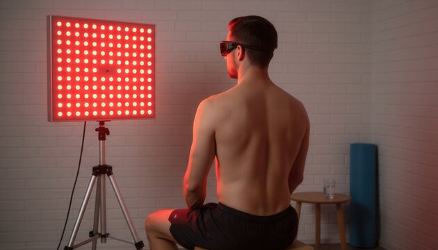 Man wearing protective eyewear sitting in front of a professional red light therapy panel during a wellness studio treatment session
