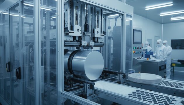Automated industrial wire saw equipment slices monocrystalline silicon ingots into thin semiconductor wafers inside a cleanroom facility
