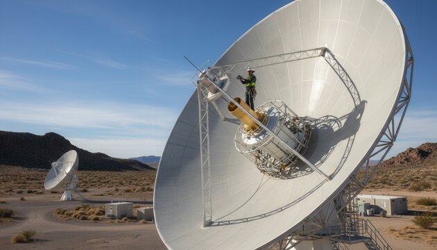 Antenna technician inspects feed horn and mesh of large Ku band satellite ground station dish in desert facility