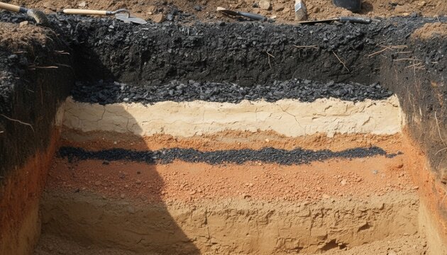 Overhead macro photograph of layered soil strata in archaeological trench displaying distinct bands of charcoal ash clay and sand
