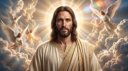 Fototapeta premium Jesus Christ portrait surrounded by angels among heavenly clouds. Christian faith and Catholic religious devotion. Sacred art, divine presence and heavenly imagery. Spiritual illustration.