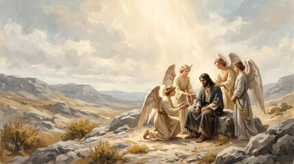 Fototapeta premium Jesus Christ receiving care from angels in a rocky wilderness. Angels ministering to Jesus after temptation. Biblical Christian faith and divine comfort. Religious devotional illustration.