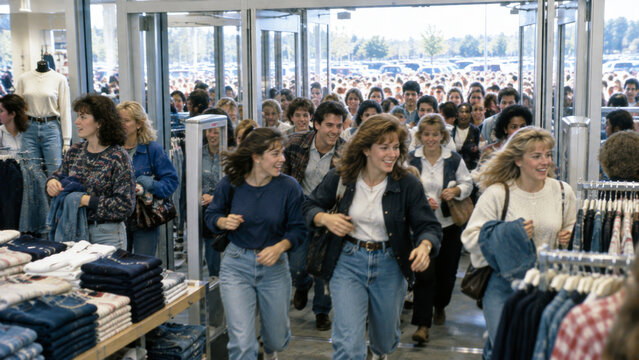 Excited crowd of shoppers rushing into a clothing store during a busy retail opening event