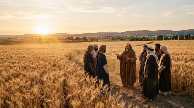 Jesus Christ teaching disciples in a wheat field at sunset. Biblical scene of fellowship and faith. Christianity, Catholic religion and scripture. Gospel teaching and spiritual guidance.