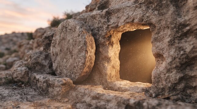 Rock-cut tomb entrance with a large stone rolled aside. Empty tomb of Jesus Christ and the resurrection. Easter, Christian faith and salvation. Hope and eternal life.