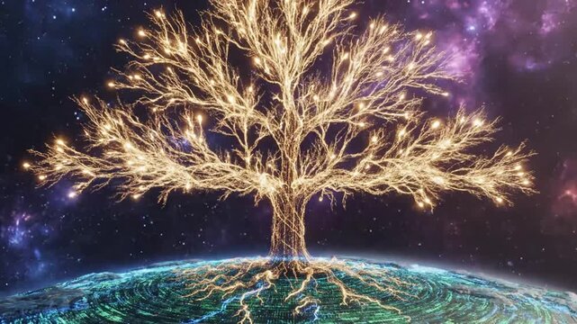 A glowing digital tree grows from a complex data network base