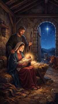 Mary and Joseph with newborn Jesus in the Bethlehem stable beneath the Star of Bethlehem. Nativity of Christ. Christmas story and Christian faith. Catholic religious artwork. Sacred art.