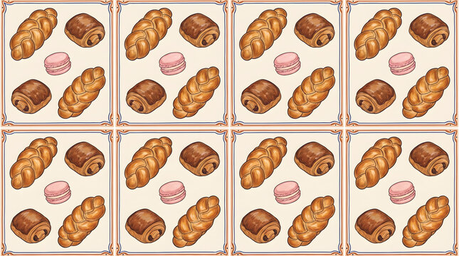 Bakery seamless pattern with bread loaves and pink macarons in grid squares on cream background
