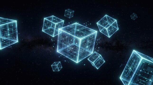 Abstract digital cubes floating in dark space with glowing particles and data connections data visualization abstract technology floating geometry holographic cubes cyber space mesh structure