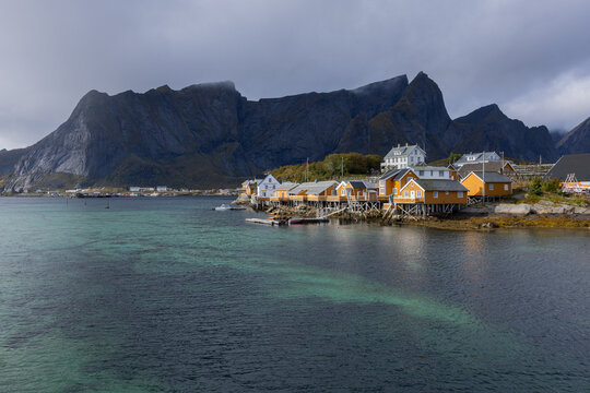 Vibrant yellow fishing cabins line the serene waterfront of Reine, Lofoten Islands, reflecting the stunning Scandinavian landscape.