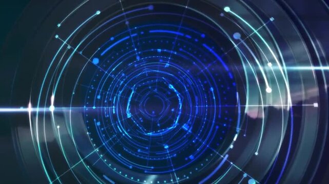 Abstract blue futuristic camera lens aperture with digital hud tech elements
