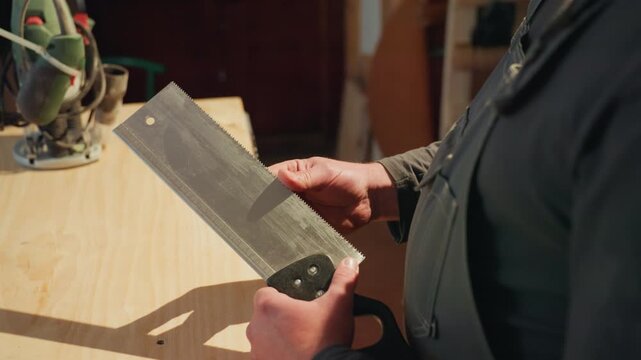 Craftsman examines details of large handsaw while working at wooden workbench. highlights both hand and metal tool with workshop tools visible in background