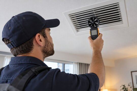 HVAC Technician Measures Airflow at an Apartment Vent