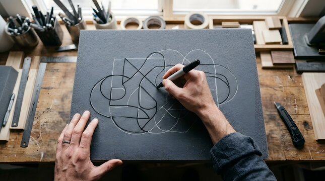 Artist drawing abstract geometric shapes on gray foam at workbench