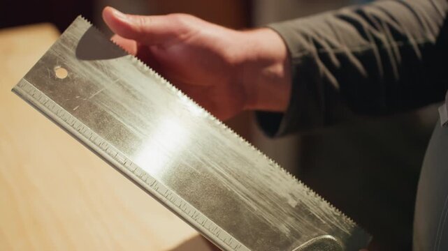 Close up shows person hand carefully examining or demonstrating various angles of large saw with both serrated edge and measurement scale emphasizing details of its construction