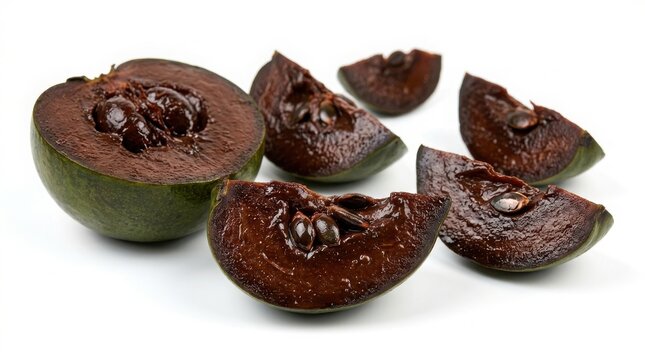 Fresh black sapote fruit cut into halves and wedges on white background with chocolate pudding fruit exotic fruit tropical fruit sliced fruit dark pulp vegan food raw food sweet fruit close-up