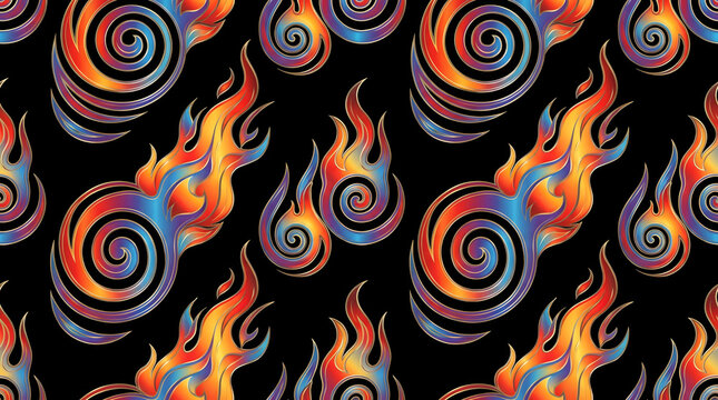 Vibrant flame and spiral seamless pattern with colorful tribal motifs on black background