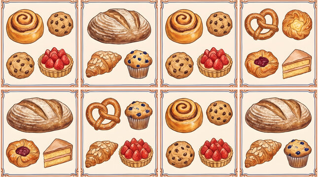 Bakery assortment seamless pattern with bread, pastries, and sweets in grid squares