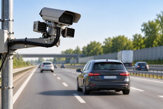 Roadside ANPR traffic enforcement camera capturing rear vehicle movement on a multilane highway, automatic license plate recognition, surveillance and road traffic monitoring concept