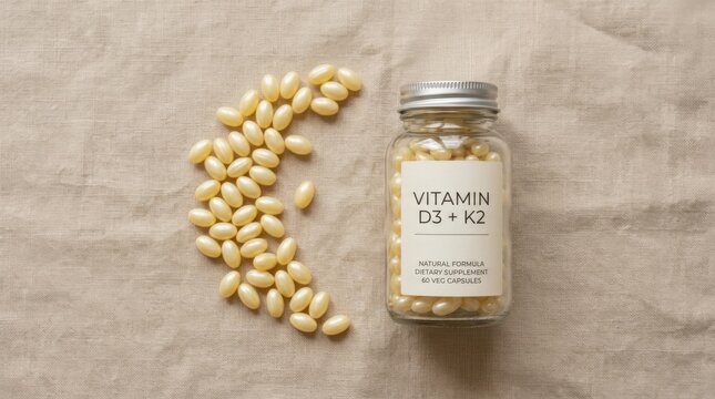 Vitamin D3 K2 Supplement Capsules Bottle and Scattered Pills on Textured Background