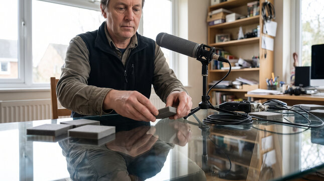 Sound recordist sets up acoustic foam absorbers on glass table near microphone in home studio. Concept of audio recording, sound engineer.
