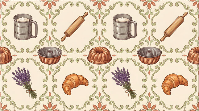 Vintage baking seamless pattern with croissants, rolling pins, and lavender on floral background