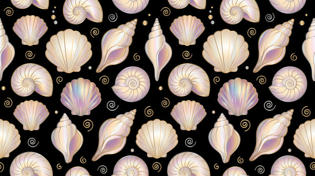 Elegant white seashell seamless pattern with gold swirls on black background