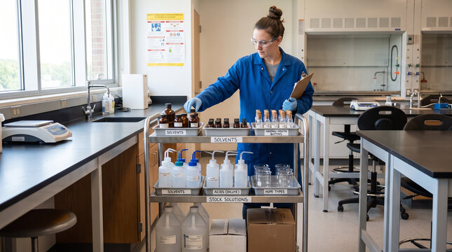 Female lab manager organizing chemical bottles and solutions on cart in science laboratory. Concept of teaching laboratory, chemical storage, chemical safety, chemistry lab, scientist.