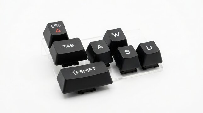 Scattered black gaming keyboard keys with white labels isolated on white background computer keys mechanical keyboard wasd keys gaming gear keyboard buttons computer hardware tech hardware