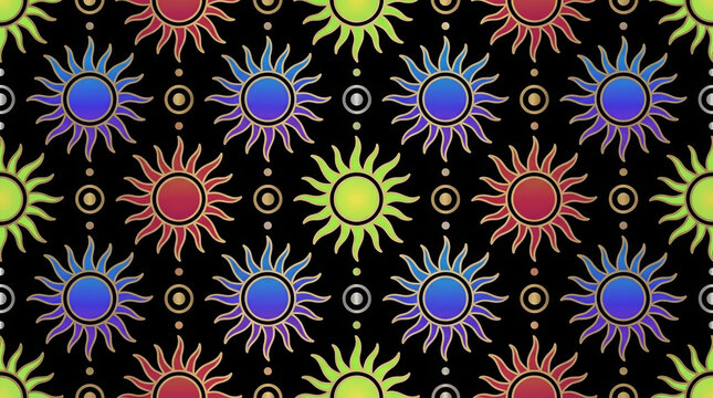 Colorful tribal sun seamless pattern background with geometric rays and dots
