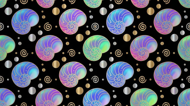 Colorful iridescent nautilus shell seamless pattern with gold circles on black background