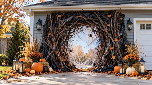 Creative Halloween garage entrance transformed into a spooky woodland portal with twisted branches, black fabric, spider webs, pumpkins and lanterns, offering a dramatic seasonal decoration concept fo