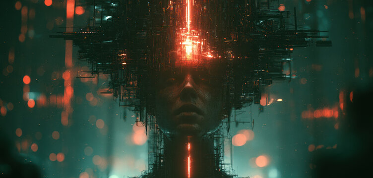 Artificial intelligence face digital glitch red glow dark background futuristic technology concept superintelligence cyber data human