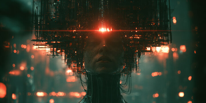 Artificial intelligence face digital glitch red glow dark background futuristic technology concept superintelligence cyber data human