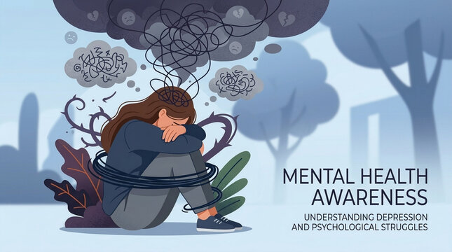 Woman feeling depressed and overwhelmed mental health awareness psychological struggles concept dark clouds and thorny vines symbolizing anxiety