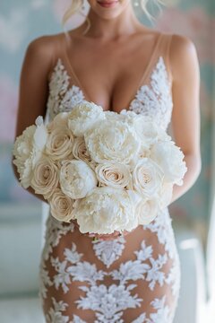 Elegant bride holding a large bouquet of white roses and peonies, detailed lace dress, soft pastel background, luxury bridal fashion