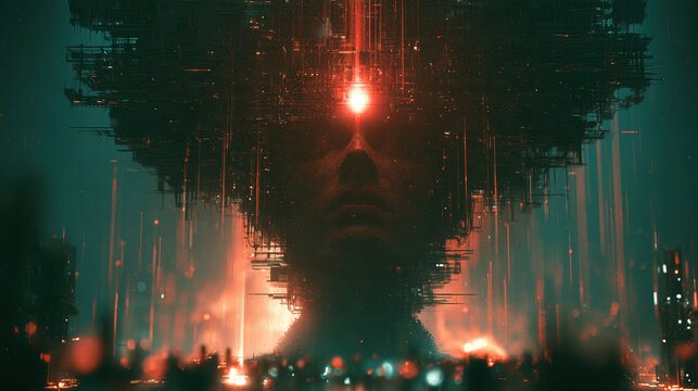 Artificial intelligence face digital glitch red glow dark background futuristic technology concept superintelligence cyber data human