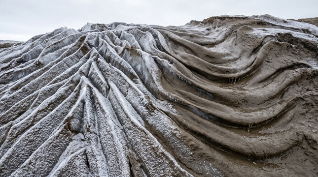 Frozen Sand Relief Surface Transitioning With Frost And Melt Water Flow. Concept of ice texture, soil erosion, frost patterns, winter nature, mud texture, ground relief, cold weather, frozen ground.