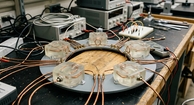 Electromagnetic coil prototype on workbench with electronics equipment in engineering laboratory.