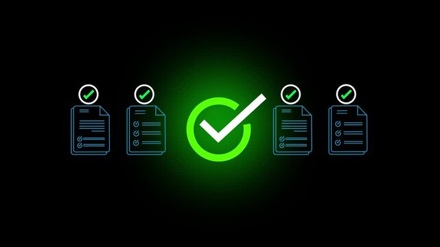 Digital Glowing checklist and approval workflow showing business document validation and task tracking system for decision making,process optimization, and quality verification with high efficiency.4K