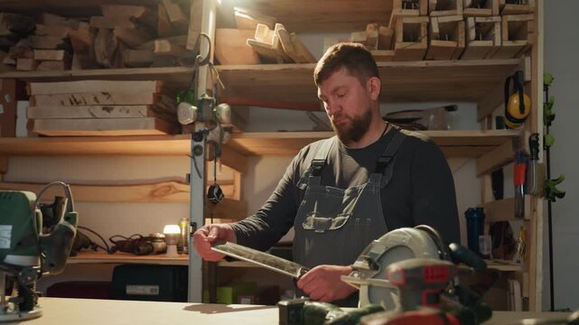 Carpenter works at his bench examining hand tools like handsaw. scene shows well equipped workshop with shelves of lumber and various woodworking equipment including saws
