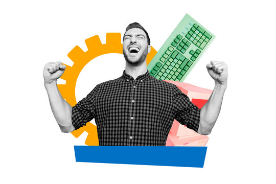 Composite photo collage of happy it master programmer fix broken pc screen monitor qwerty keypad settings isolated on painted background